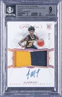 2019-20 Panini Flawless Collegiate Rookie Patch Autographs Gold #102 Ja Morant Signed Patch Rookie Card (#10/10) - BGS MINT 9/BGS 10